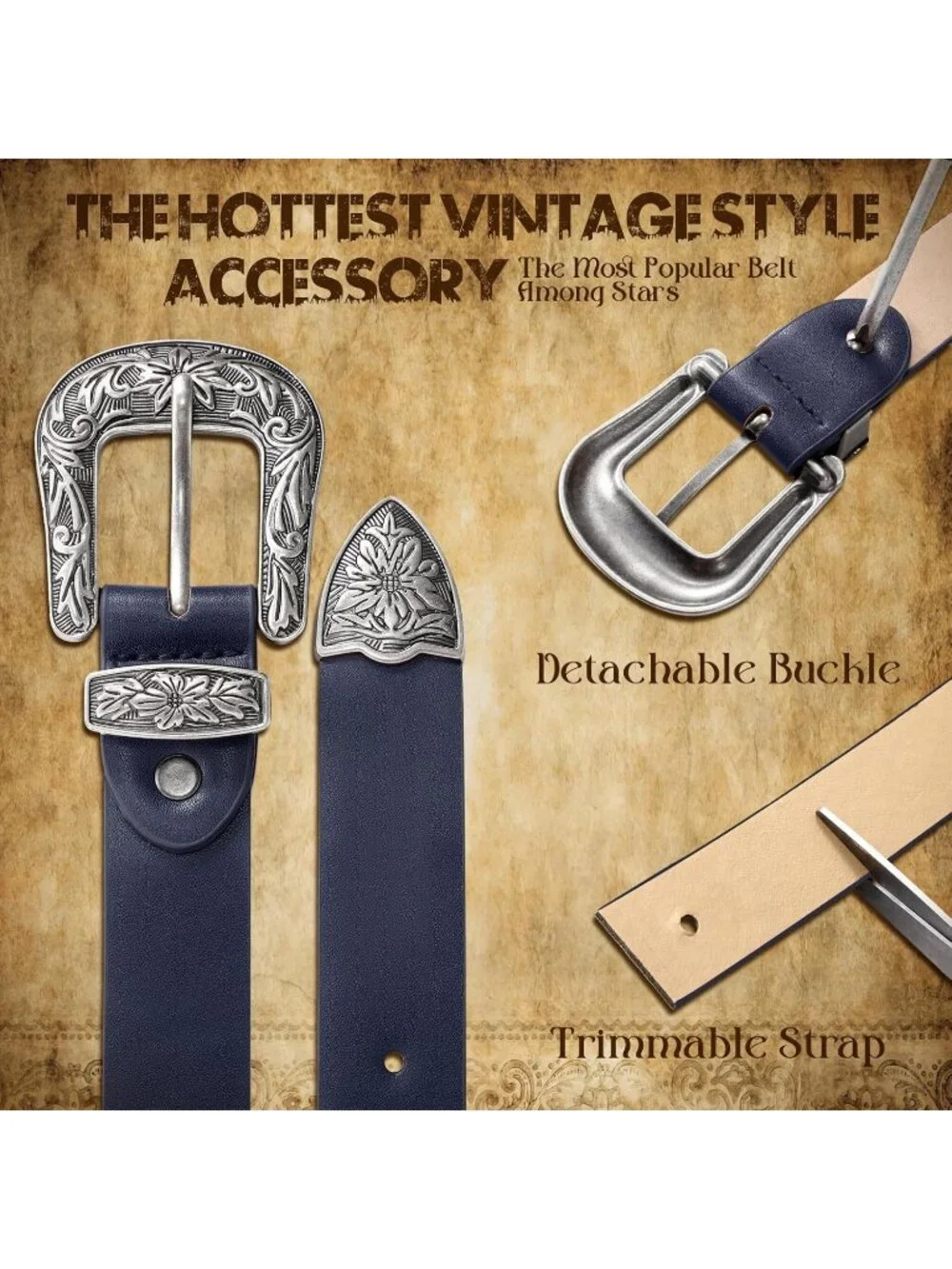 Women's Navy Blue Leather Belts Vintage Western Design Silver Buckle Waist Belt